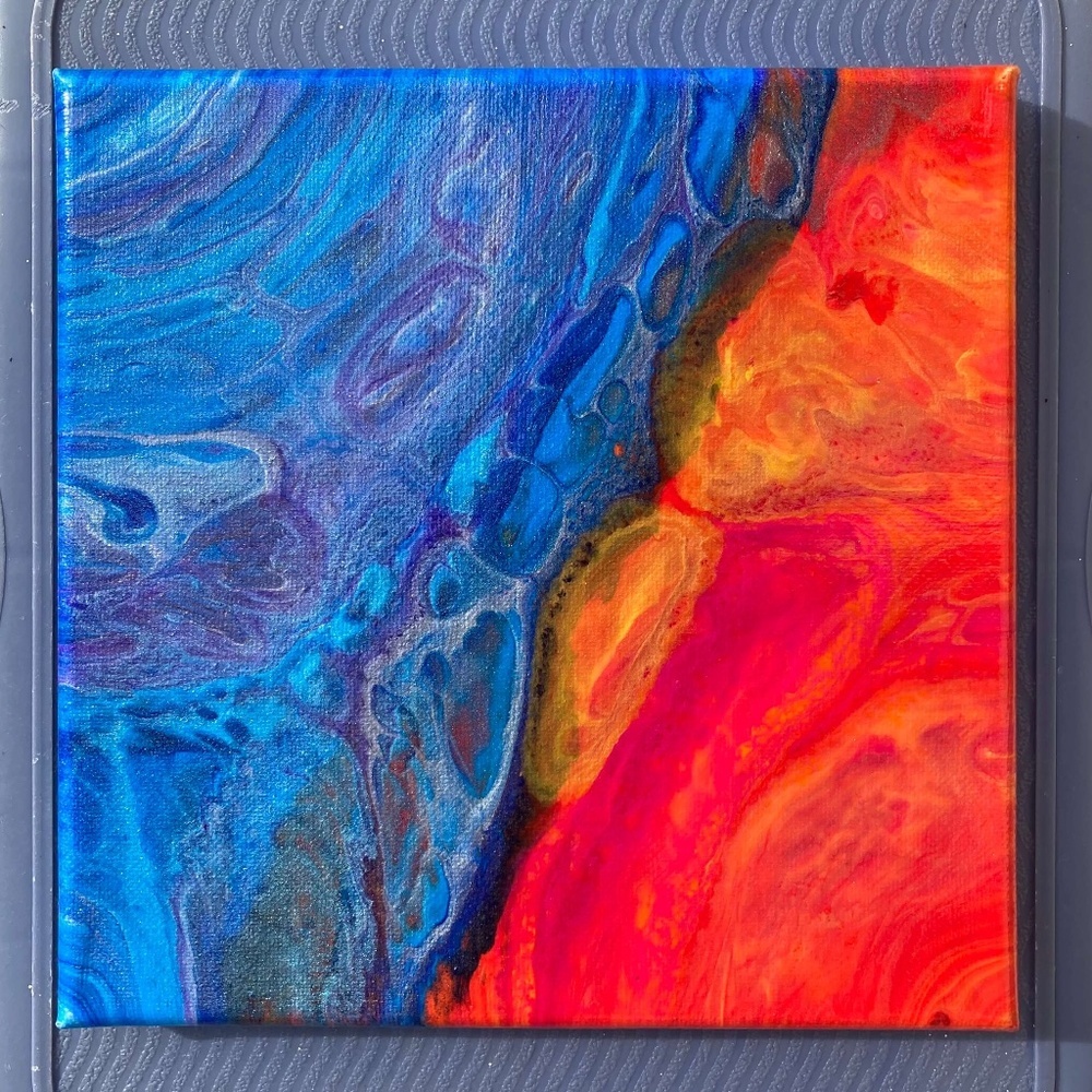 Opposites Attract 8"x8" Painting by Color Fluent Art Blue/Purple/Gold/Red/Orange